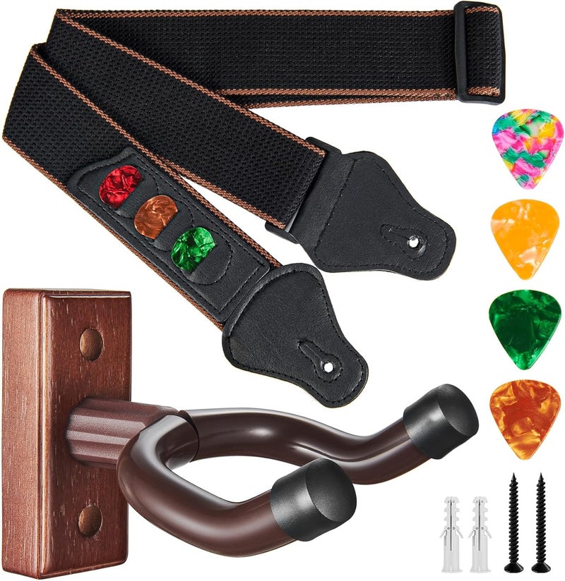KKG Guitar Wall Mount 1pack Wood Hanger,and Guitar Strap 1pack with Guitar Pick and Strap Button Accessories for Safe Storage and Display for Acoustic Electric Guitar Bass Banjo Mandolin - Image 1